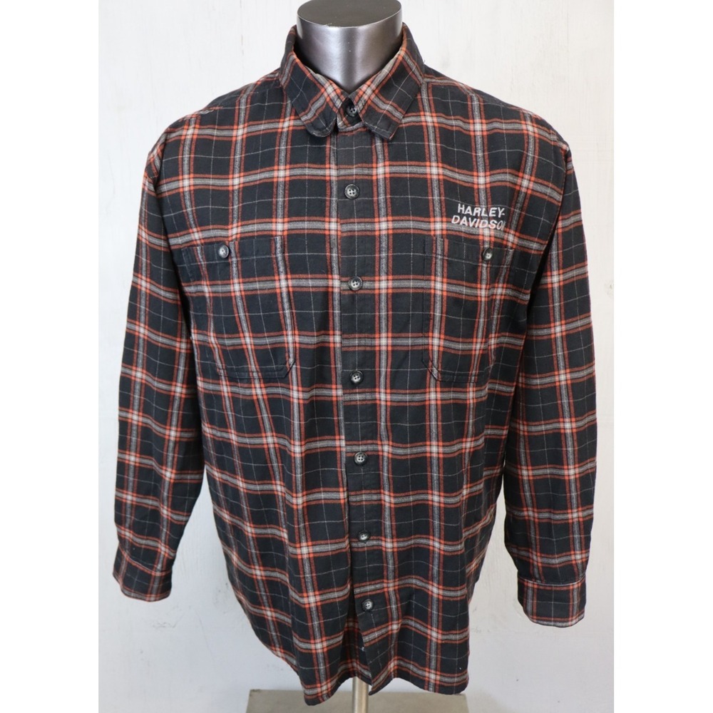 Harley-Davidson Flannel Shirt Mens XL Orange Black Plaid Casual Button Snap Down